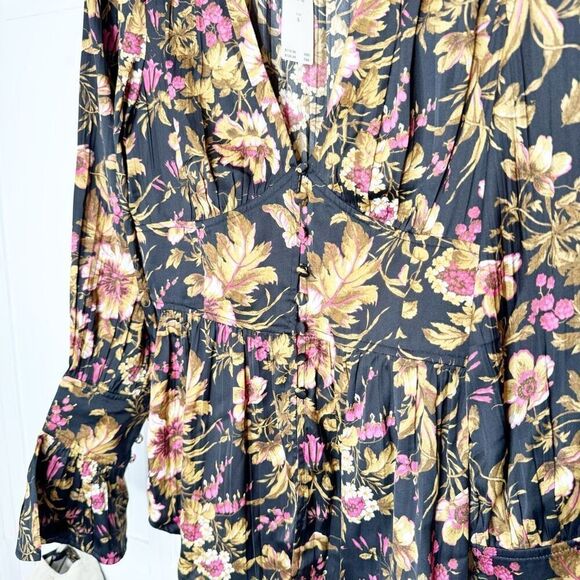 Anthropologie Deep-V Tunic Floral Black Motif Blouse Top Button Corset Peplum S - Picture 8 of 12